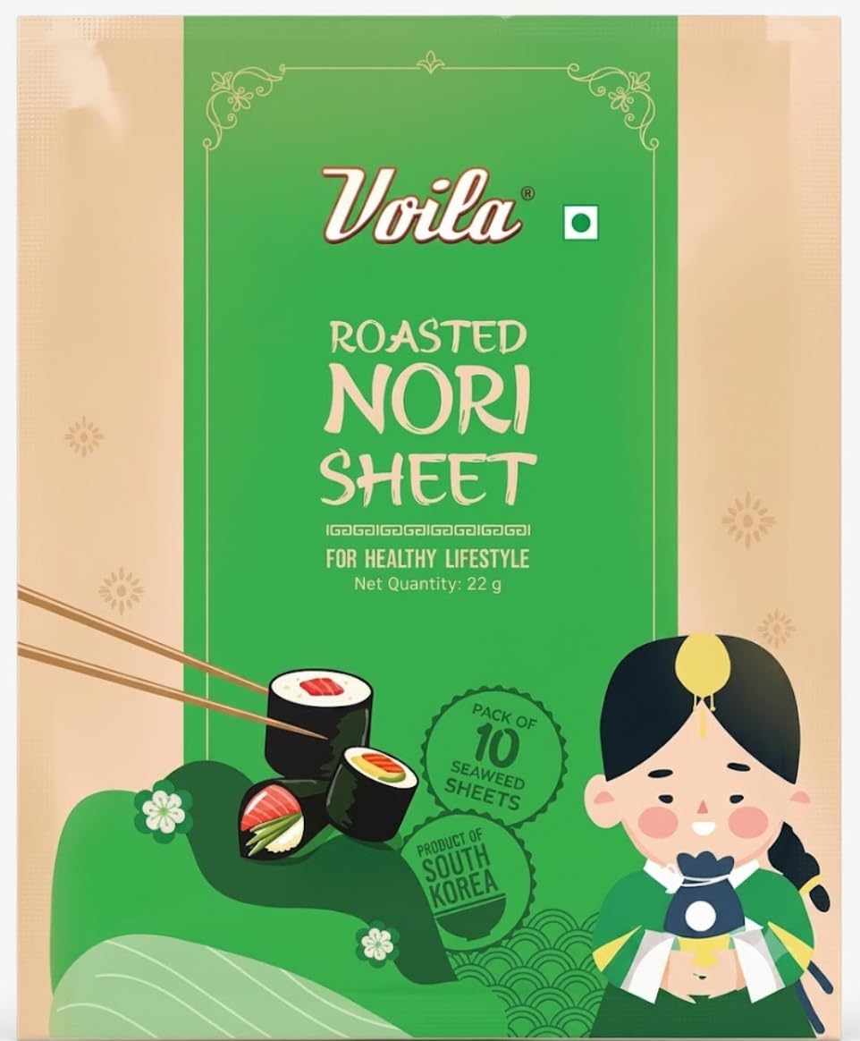 Voila Roasted Nori Seaweed Sheets | Pack of 10 Premium Korean Sushi Wrap Sheets | 22g | Imported from South Korea | Natural Laver (Porphyra Yezoensis) | Ideal for Sushi, Kimbap, Musubi & Healthy Snacks | Vegetarian
