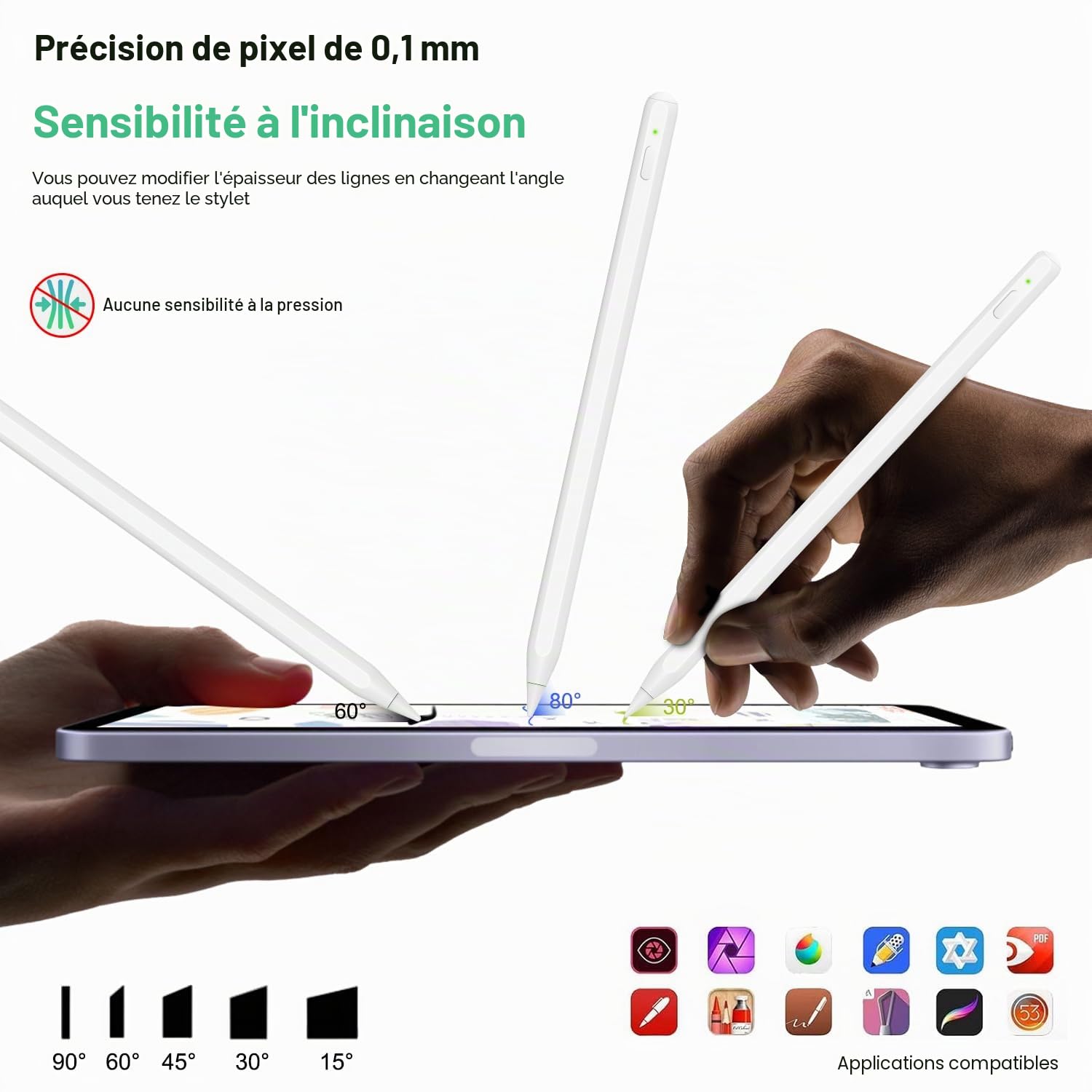 Stylet pour iPad Chargement sans Fil, Pencil 2e génération pour ipad avec D'inclinaison & Rejet de Paume, Pencil Haute Précision pour iPad, iPad Mini, iPad Air, iPad Pro 11"/12,9" Blanc