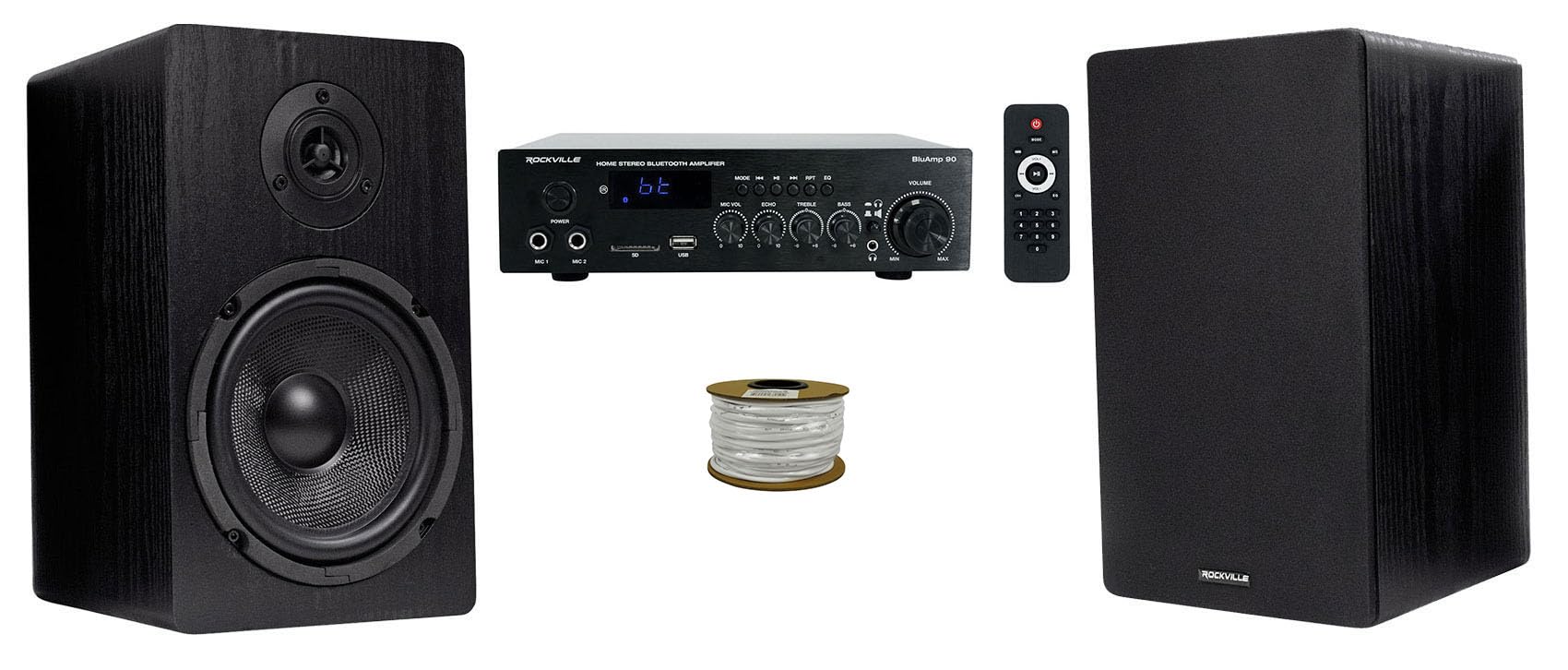 Rockville BluAmp 90 Bundle: Bluetooth Home Stereo Amplifier with Mic, (2) RockShelf 64B 6.5" 400W Peak/100W RMS 4 Ohm Black Bookshelf Speakers, RCC14-
