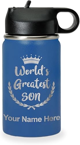 Miniatura 54 de LaserGram Botella de agua con tapa abatible de doble pared de 20 onzas con pajilla, el hijo más grande del mundo, grabado personalizado incluido