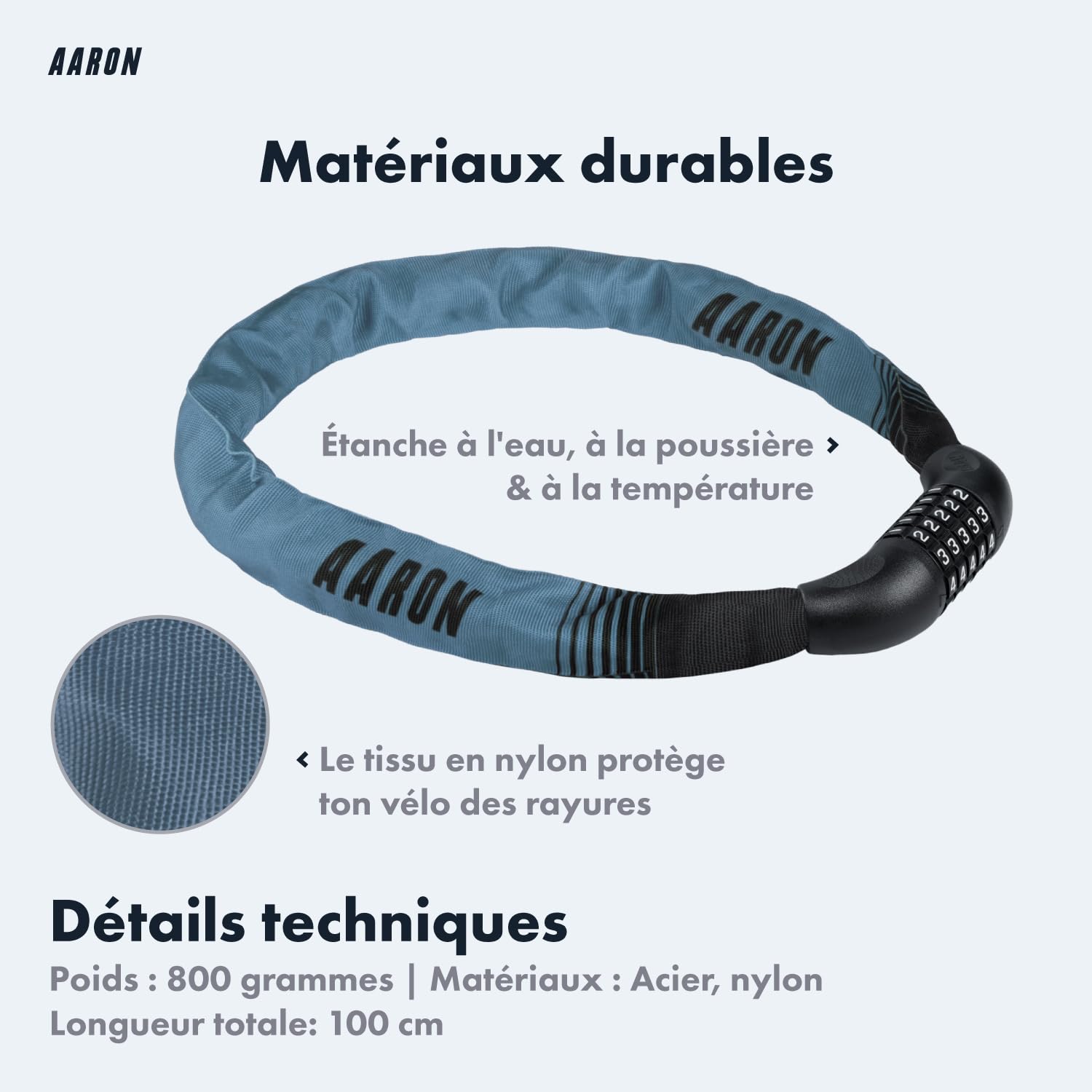AARON - Antivol pour vélo Lock One à Combinaison à 5 Chiffres - Chaine en Acier/Niveau de sécurité élevé - pour vélo électrique/VTT/VTC/vélo de Ville/vélo de Course/véhicule électrique