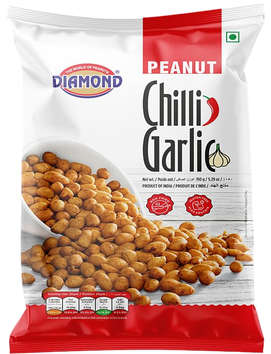 Image of DIAMOND SING - Chilli Garlic Peanuts, Roasted - 150 Gm | No Husk Lahsun Flavoured Mungfali | Non Fried Singdana | Gluten Free - High Protein Nuts | Nitrogen Pack (Pack Of 2)