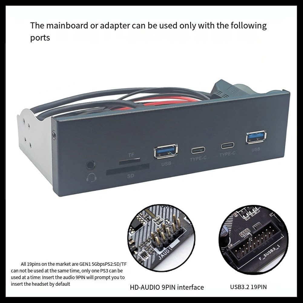 Zoegneer Frontpanel Erweiterung USB 3.2 Gen1 Frontpanel 5,25 Zoll Bay Konverter mit 5Gbps USB-A Type-C Audio Ports SD/TF Kartenleser für PC Gehäuse Schwarz ABS