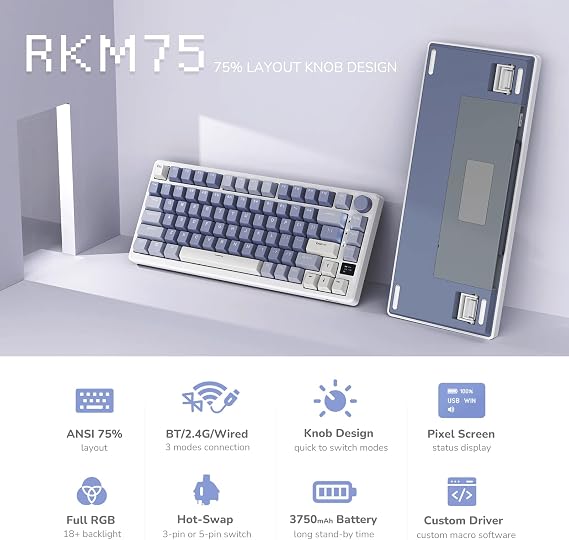 RK ROYAL KLUDGE M75 Gaming Keyboard Wireless, Mechanical Keyboard, 2.4GHz Wireless/Bluetooth/USB-C Wired English Gaming Keyboard 75%, 81 Keys with OLED Smart Display and Knob, RGB, Brown Axis