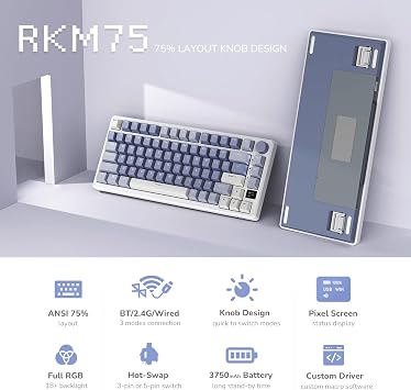 RK ROYAL KLUDGE M75 Gaming Keyboard Wireless, Mechanical Keyboard, 2.4GHz Wireless/Bluetooth/USB-C Wired English Gaming Keyboard 75%, 81 Keys with OLED Smart Display and Knob, RGB, Brown Axis