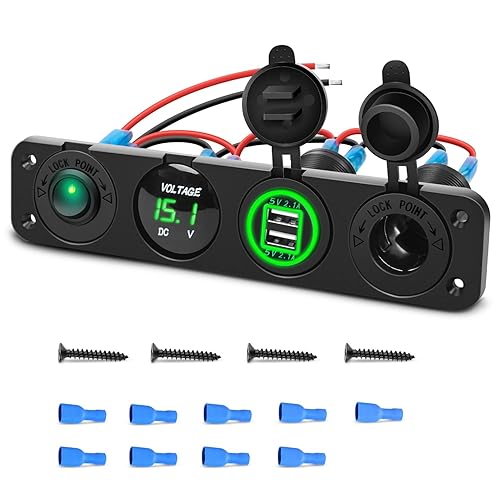 Nilight Panel de enchufe de cargador de encendidoapagado 4 en 1, toma de corriente USB doble, voltímetro LED, encendedor de cigarrillos, enchufe LED