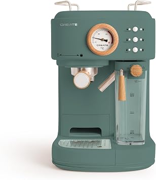 CREATE Thera Retro Pro Semi-Automatic Espresso Coffee Machine Grün-Sage / 20 Bar Milk Tank Drip Tray Two Spouts Capacity 1.5 L for Ground Coffee 1250 W