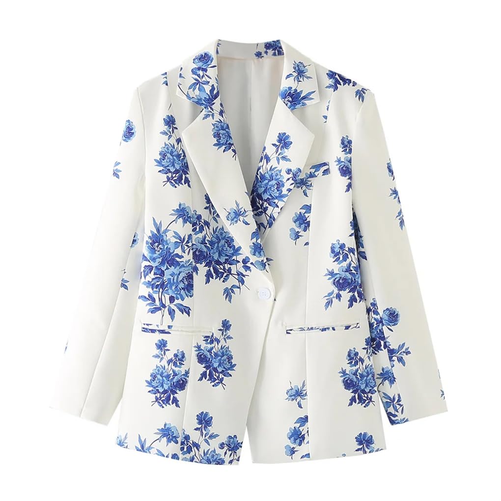 Womens Notched One Button Slim Open Front Blazer Long Sleeved Blue and White Porcelain Printed Slim Fit Suit