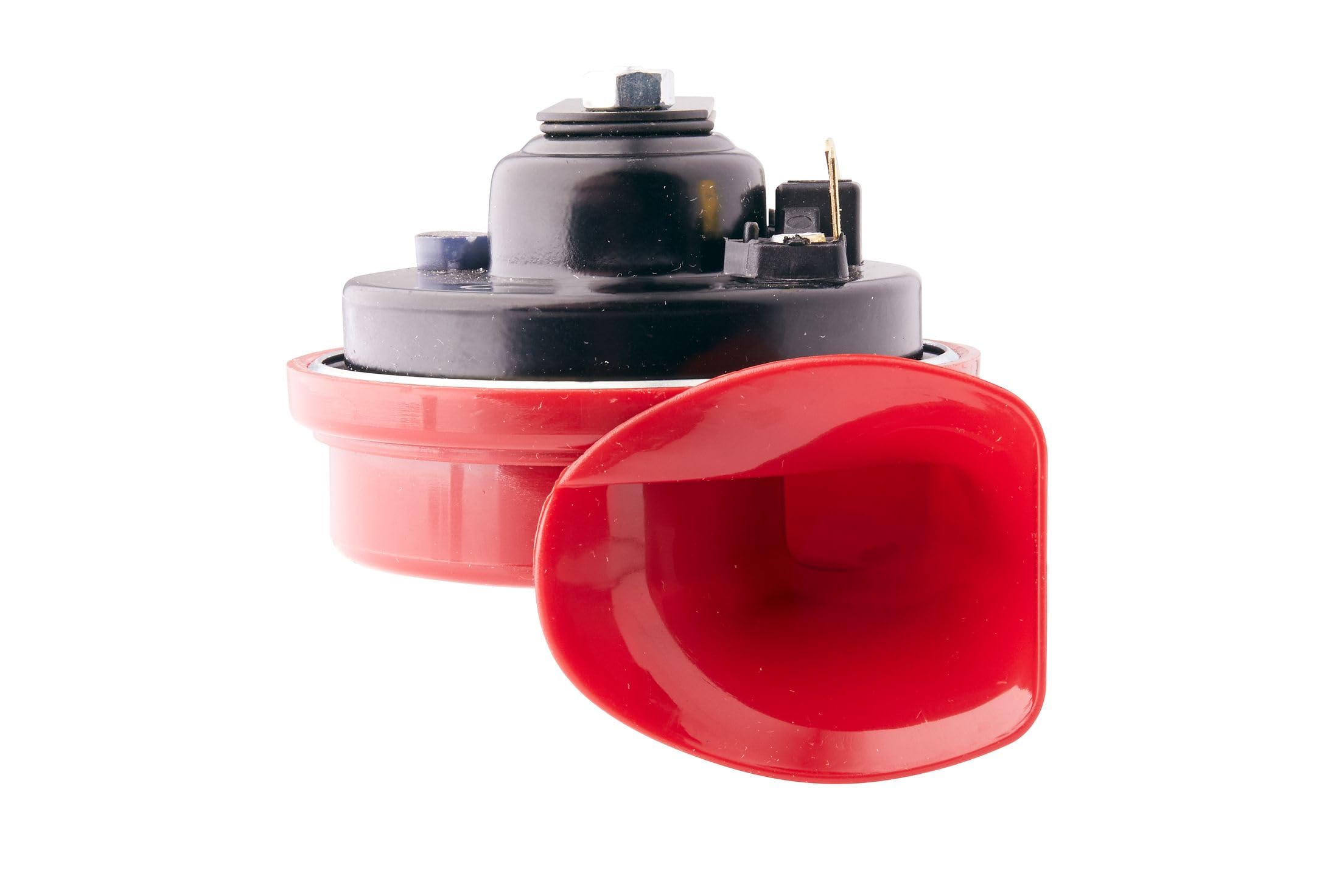 HELLA 3FG 007 424-011 Trumpet Horn - TE16-12V - 110dB(A) - Frequency Range: 500Hz - High Tone - Electric - Housing Colour: Red/Black - Flat Plug-in Connector