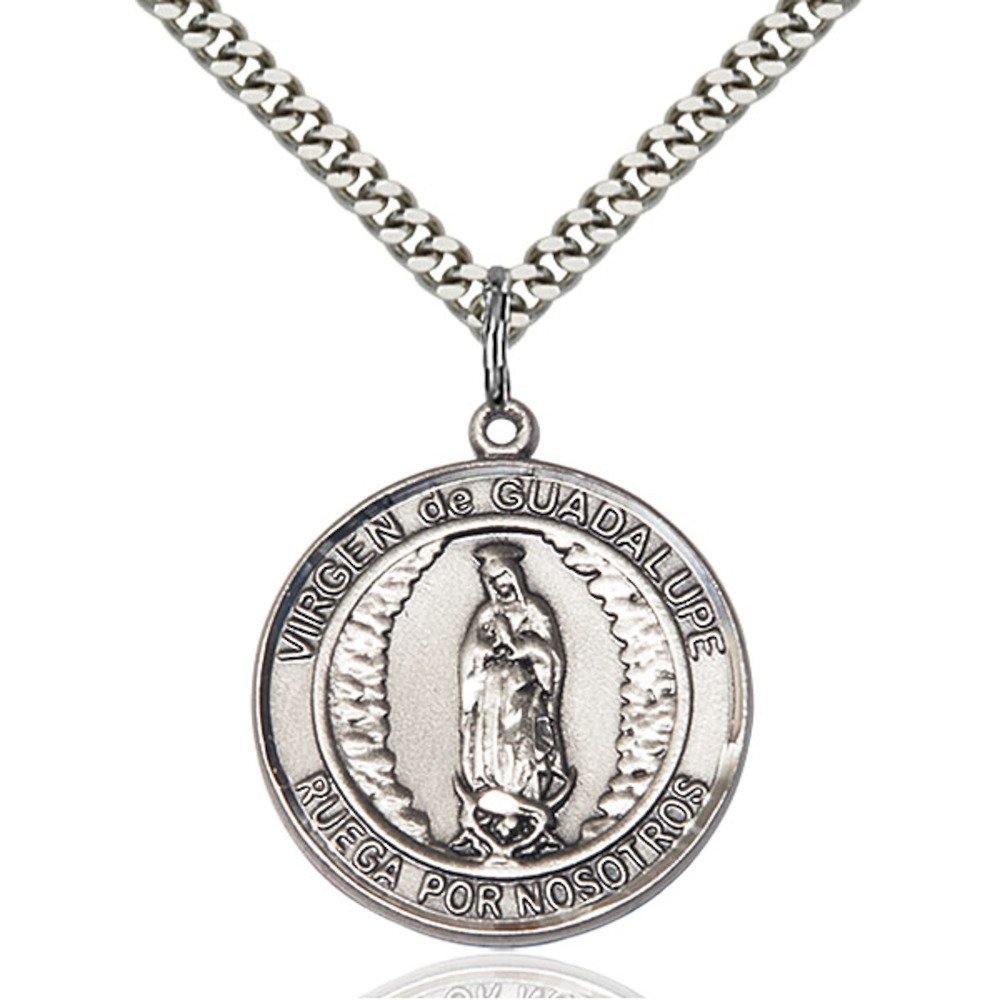 Bonyak Jewelry Saint Medal Collection Sterling Silver Virgen de Guadalupe Pendant 1 x 5/8 inches with Heavy Curb Chain
