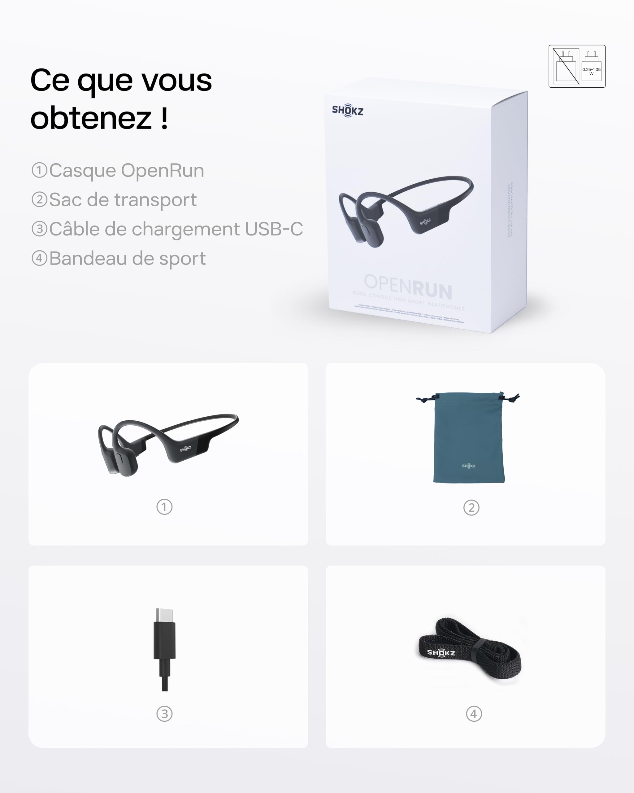 SHOKZ OpenRun Casque à Conduction osseuse, écouteurs Bluetooth Oreilles Libres pour Le Sport avec Micro, Casque sans Fil étanche IP67, 8 Heures d'autonomie, USB-C, Bandeau de Sport, Noir