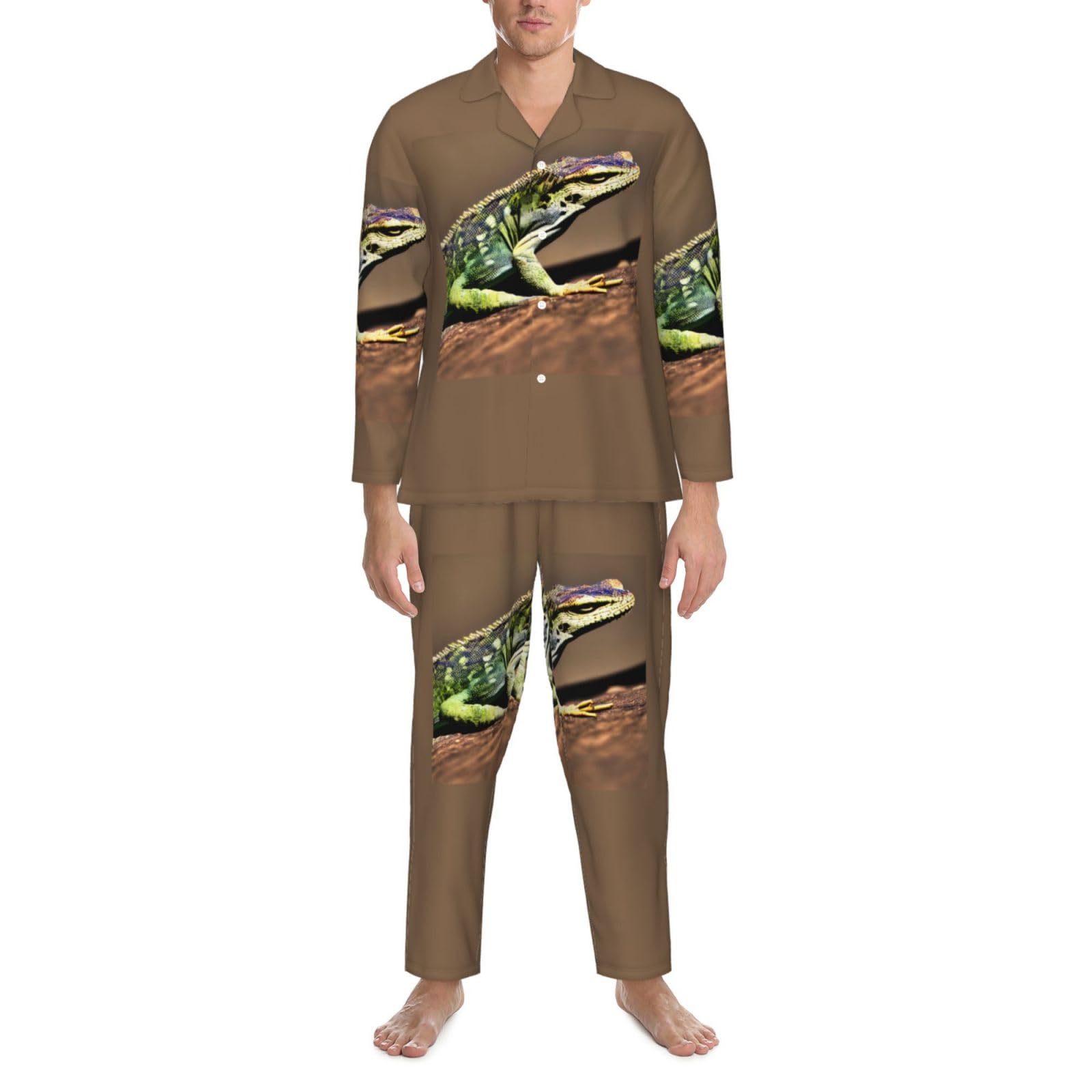 Herren-Pyjama-Set mit Eidechsen-HD-Druck, langärmelig, zweiteilig, Hauskleidung, bequeme Nachtwäsche
