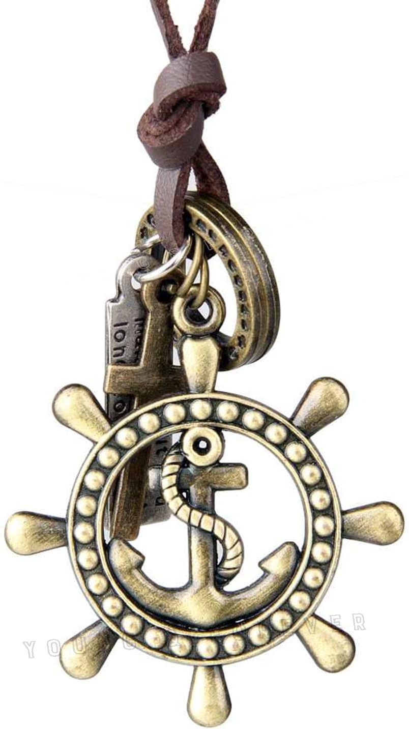 Gift Men-Tastic Collection Boho Bohemian Vintage Antique Bronze Anchor Rudder Pendant Adjustable Leather Cord Mens Necklace for Men Women