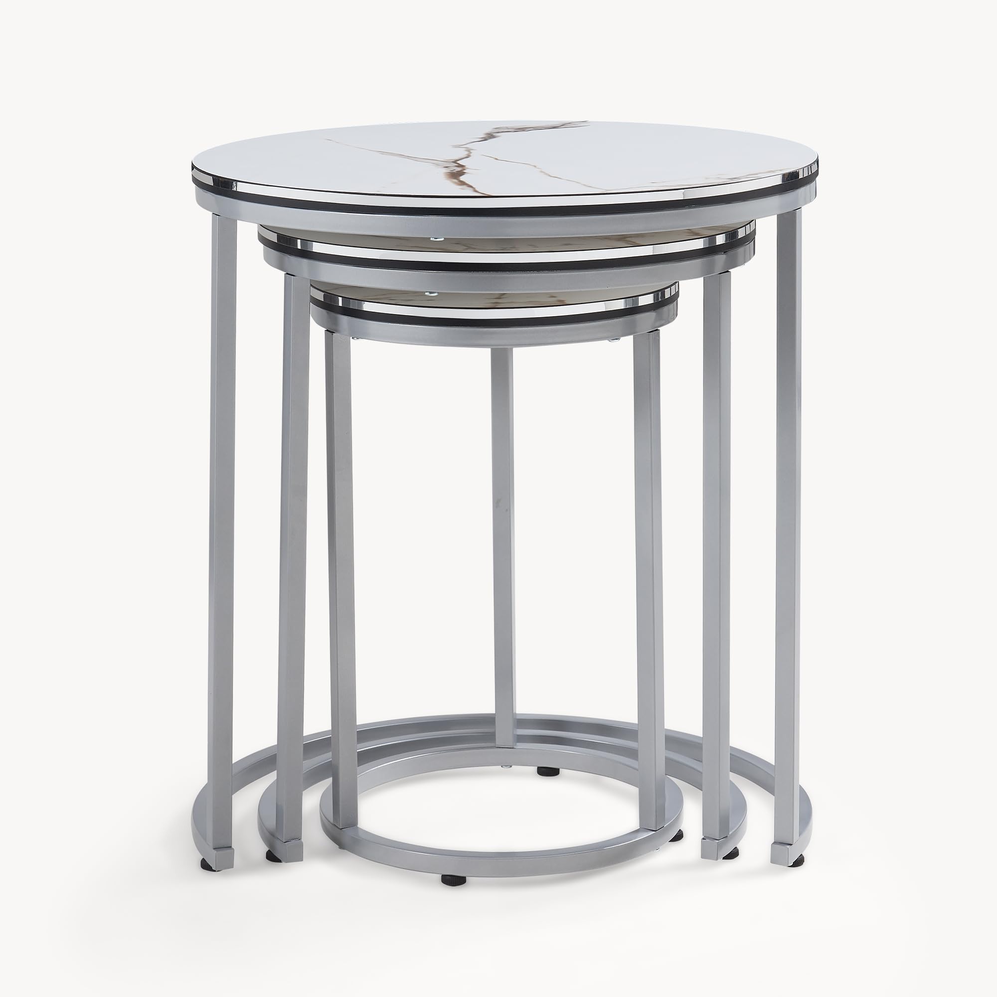 [en.casa] Set di 3 Tavolini da Salotto Tavolini Sovrapponibili con Telaio in Metallo e Piano Rotondo in Effetto Marmo Bianco