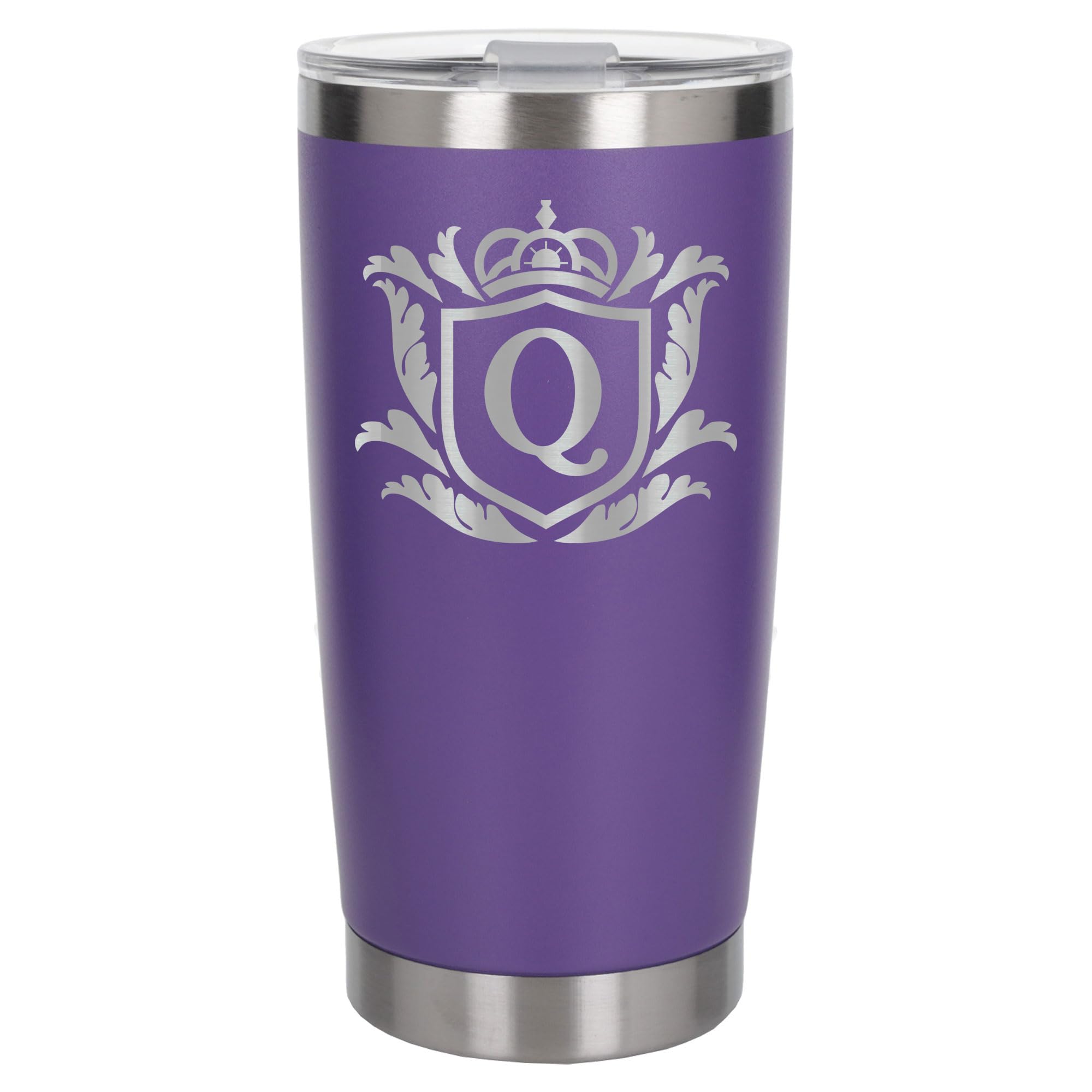 Customised Gifts 500ml Engraved Shield Initial Monogram Insulated Personalised Purple Travel Mug for Men and Women - Personalised Initial Coffee Travel Mug for Hot and Cold Beverages, Letter Q
