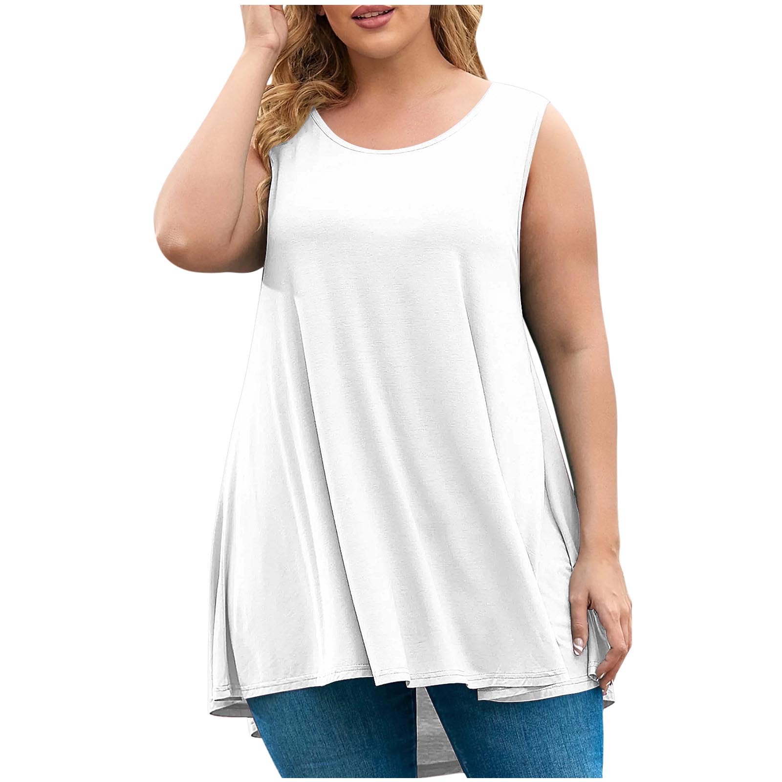 Womens Plus Size Tunic Tops Loose Fit Summer Casual Shirts Sleeveless Crewneck Flowy Blouses Wide Strap Camisole