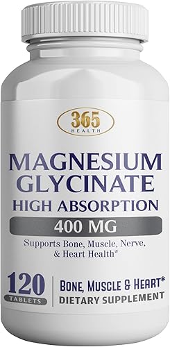 365 Health Glicinato de magnesio, 400 mg por porción, 120 tabletas, suplemento de alta absorción para la salud ósea, muscular y cardíaca