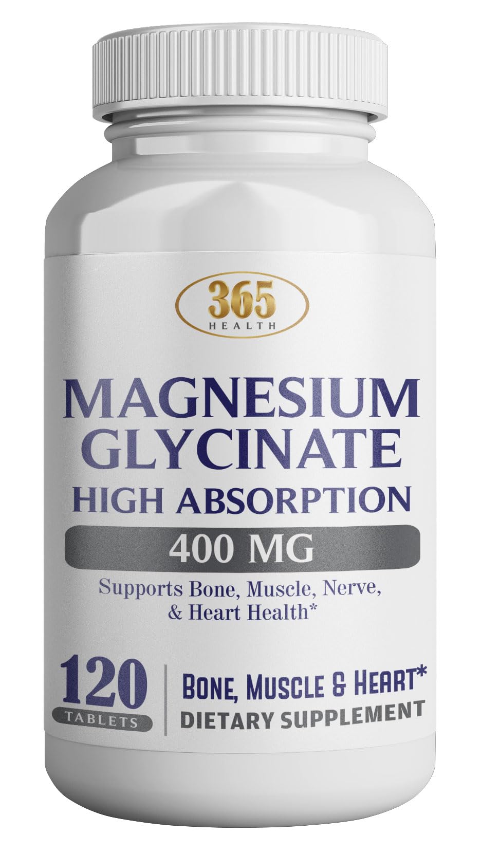 365 Health Magnesium Glycinate, 400mg Per Serving, 120 Tablets, High Absorption Supplement for Bone, Muscle & Heart Health