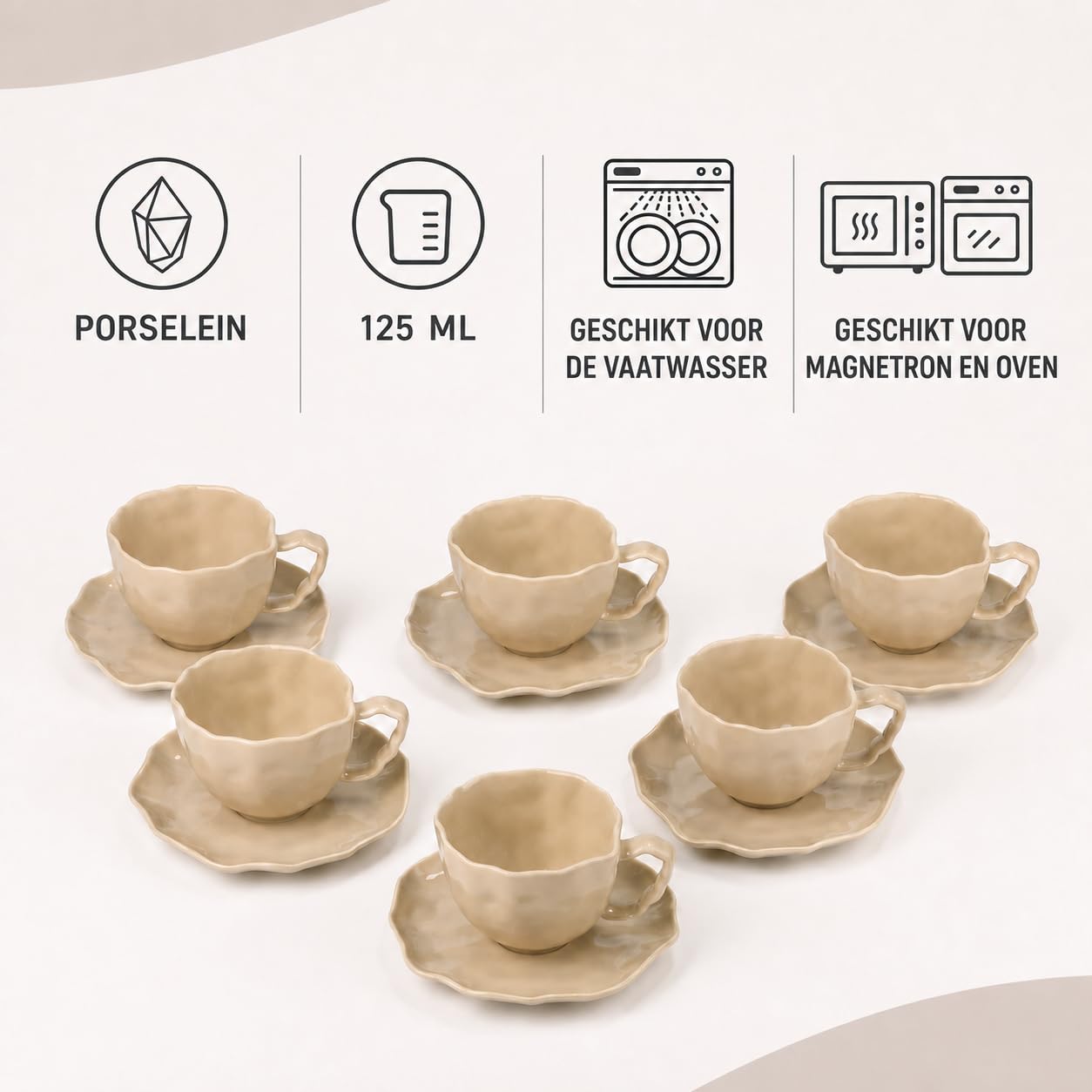 BRICARD Angles Espressotassen-Set für 6 Personen, 12-teilig – 6 Espressotassen 125 ml mit 6 Untertassen – Porzellan Taupe – spülmaschinenfest, mikrowellen- und backofengeeignet