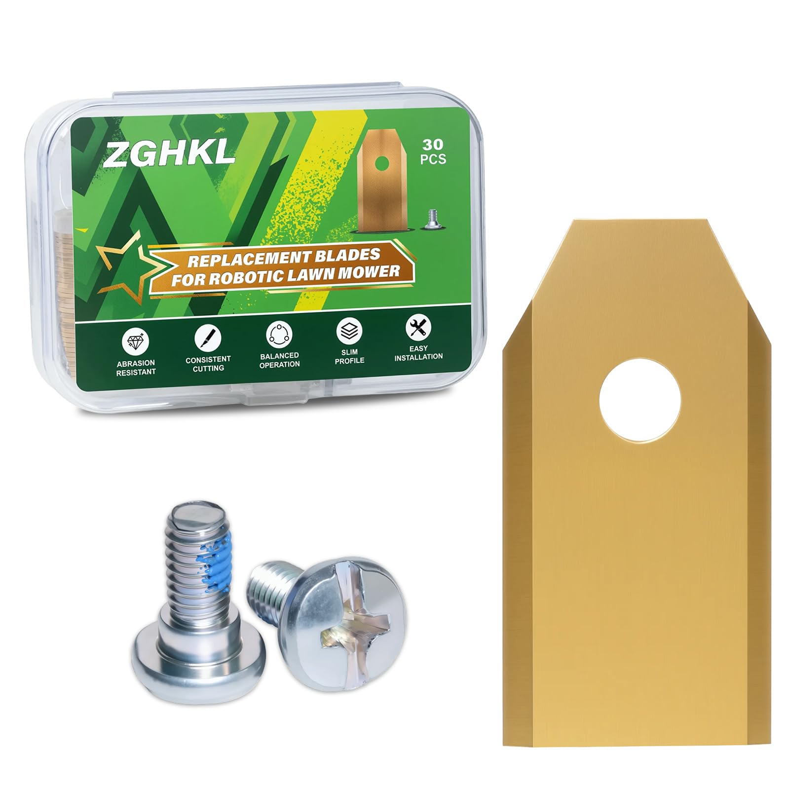 ZGHKL Robot Lawnmower Blades Titanium Replacement Blade for Husqvarna Automower Flymo Gardena Yard Force Segway Powerworks McCulloch Robotic Automatic Lawn Mower Knife Set with Screws 30PCS