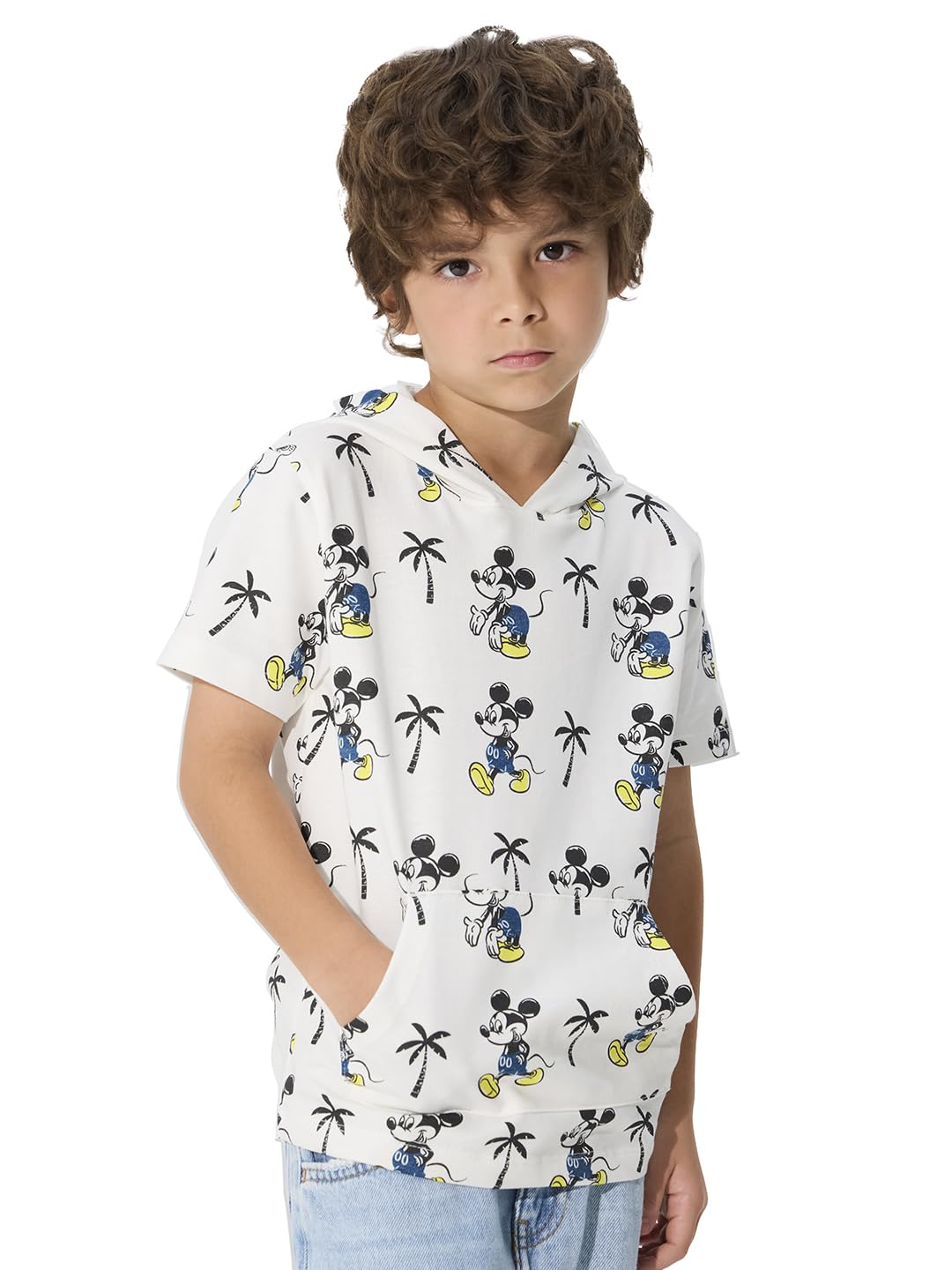 The Souled Store Mickey Mouse Beach Vibes Niños Manga Corta Blanco Allover Impreso Algodón Camisetas con Capucha