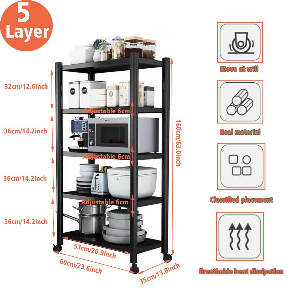 Unidad de almacenamiento de despensa de cocina, estante de 5 niveles resistente, estantes de almacenamiento de cocina, estantería de garaje con ruedas, estante de almacenamiento de metal