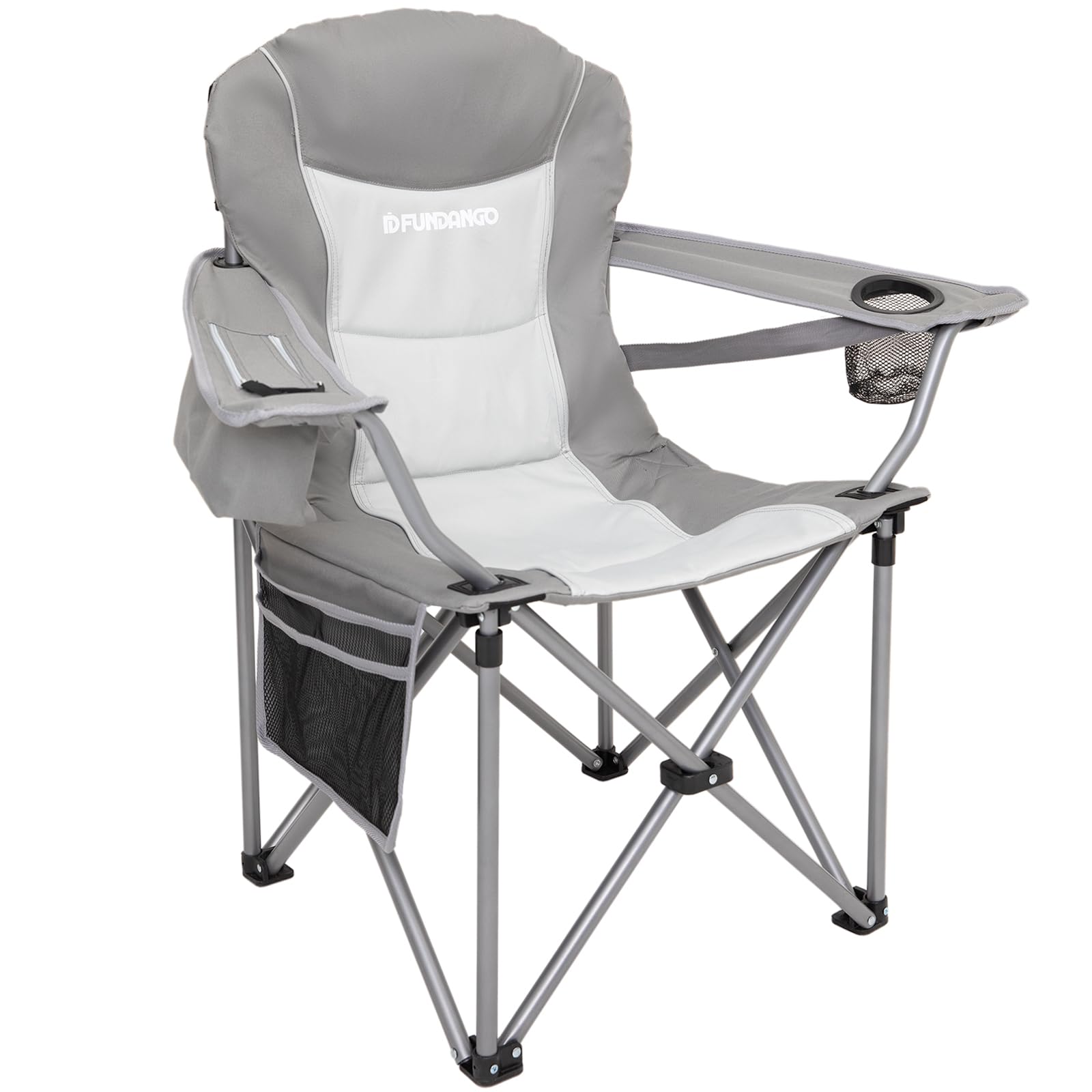 FUNDANGO Folding Camping Chair Heavy Duty, Oversized 440 Lbs Support Outdoor Camp Chairs with Lumbar Support & Cooler Pocket for Fishing Backyard Sports Beach Garden (Grey)