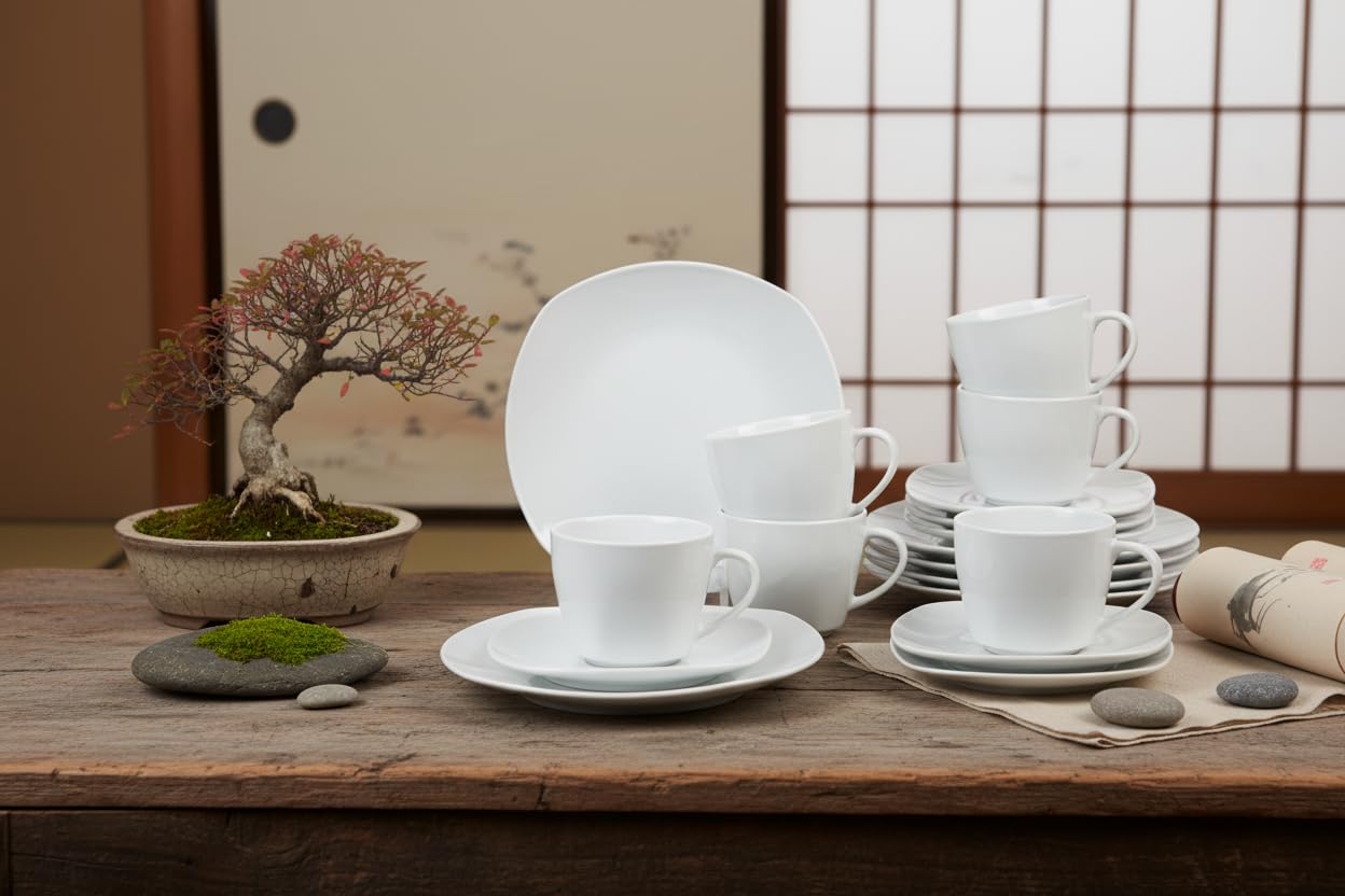 Retsch Arzberg/Geschirr Kaffeeservice FINO/Set 18teilig für 6 Personen/Porzellan eckig uni weiß/Basic-Geschirr