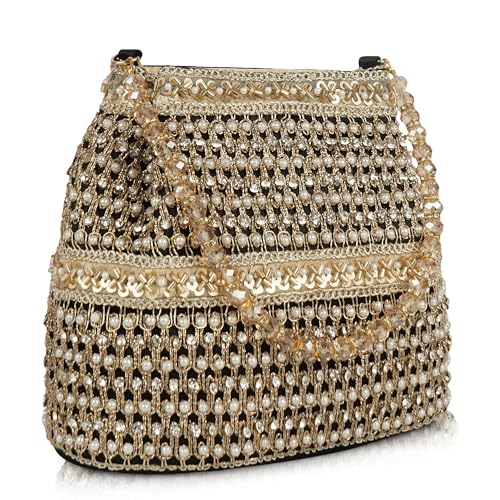 Image of Nevis Silk Fabric Premium Pearl & Crystal Embroidered Potli Bag for Women | Ethnic Bridal Clutch with Golden Handle | Party & Wedding | Potli Bag
