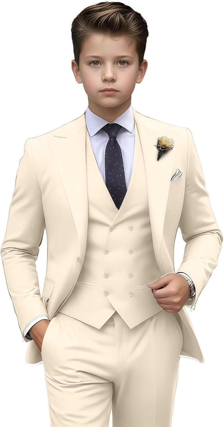 Boys Suit 3 Pieces Double Breasted Bleazer Vest Pants Sets Slim Fit Wedding Dress Clothes Ring Bearer Outfit