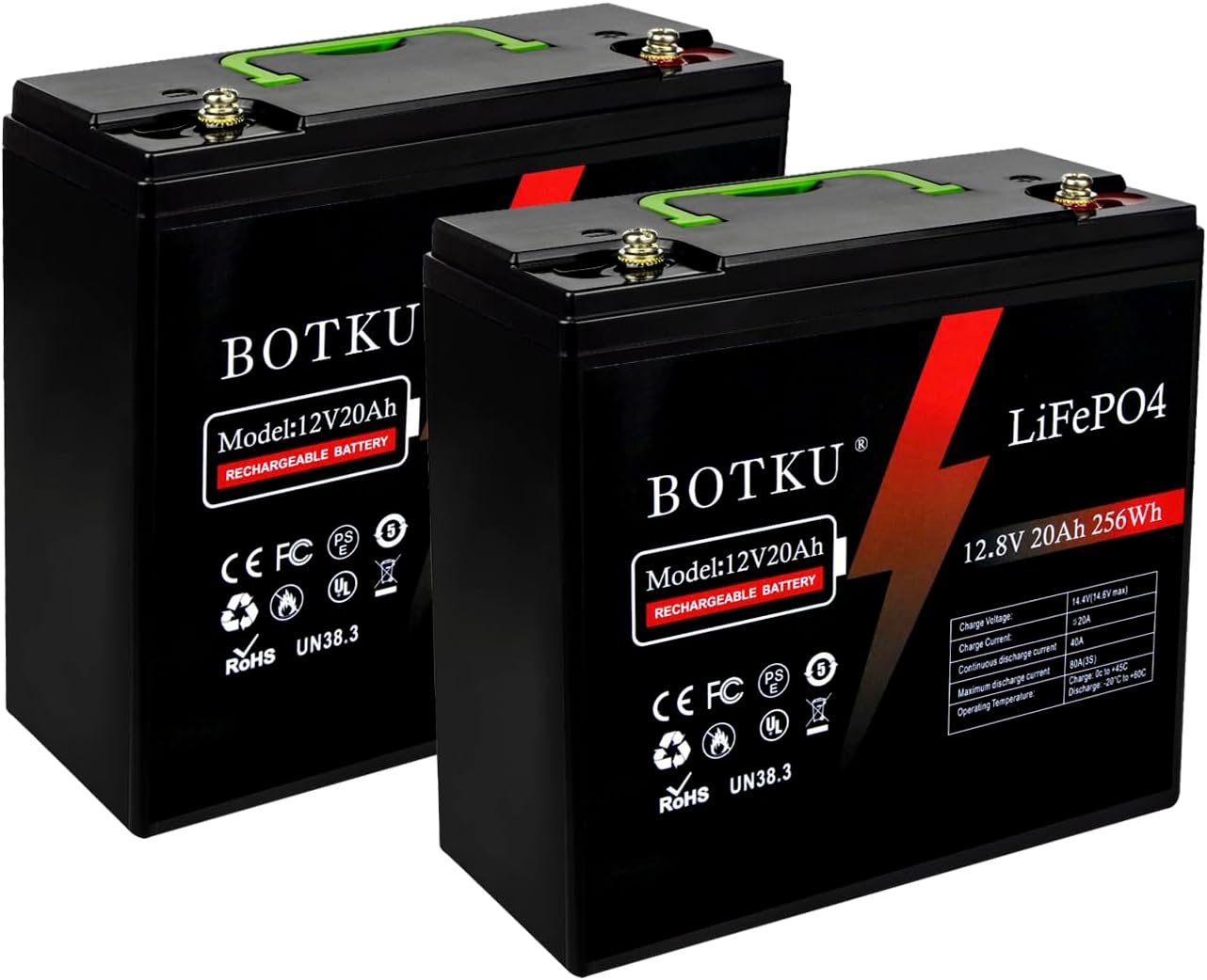 12V 20Ah Lithium LiFePO4 Deep Cycle Battery 2 Pack, 3000+ Cycle Rechargeable Lithium Iron Phosphate Battery for Solar, Fish Finder, Marine, Outdoor Camping, Off-Grid Applications with 20A BMS