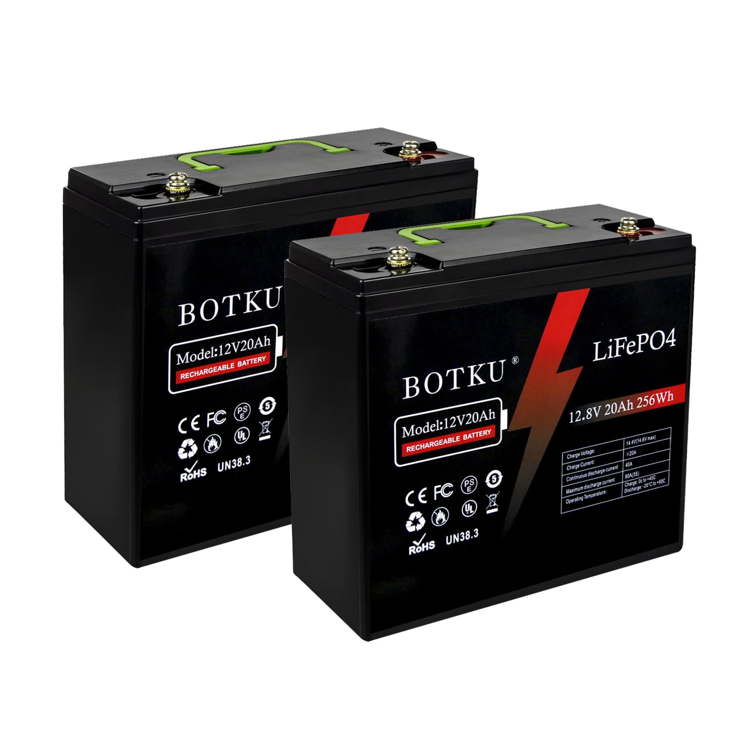 12V 20Ah Lithium LiFePO4 Deep Cycle Battery 2 Pack, 3000+ Cycle Rechargeable Lithium Iron Phosphate Battery for Solar, Fish Finder, Marine, Outdoor Camping, Off-Grid Applications with 20A BMS