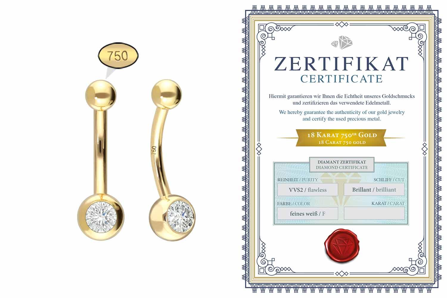 PIERCINGLINE 18 Karat Gelbgold Mini Bananabell DIAMANT 0,25 kt. Piercing Bauchnabelpiercing 10 mm