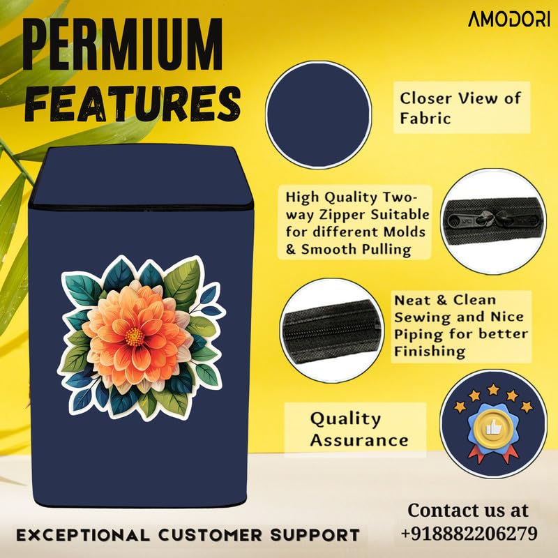 Image of Top-load washing machine cover Compatible for LG & SAMSUNG 8.5 Kg to 10KG Solid Blue Flower Orange beautiful digital illustration print
