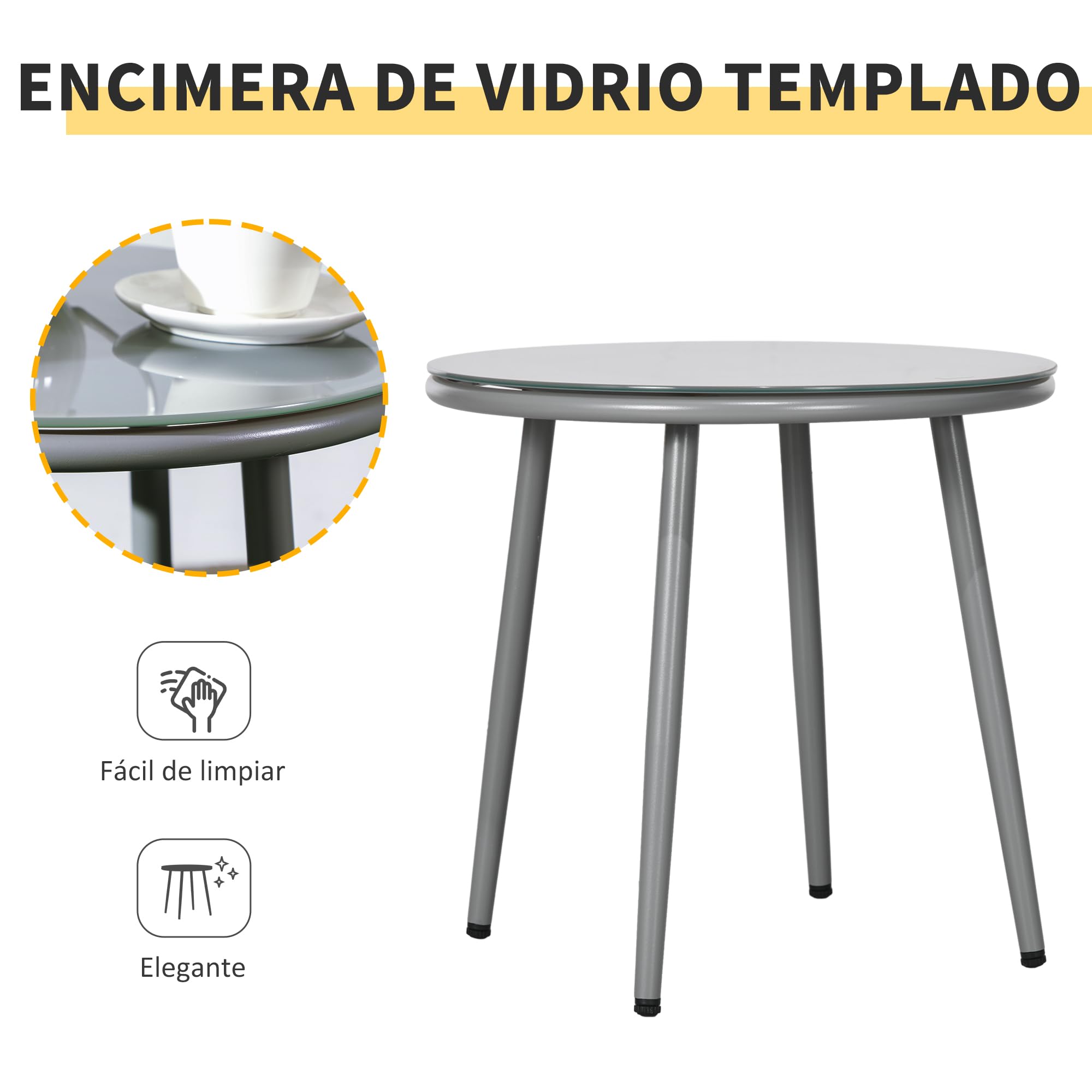Outsunny Conjunto de Jardín Exterior de 3 Piezas Ratán para Balcón Gris | Juego de 2 Sillas y Mesa, Cojines Acolchados, Encimera de Vidrio, Terraza