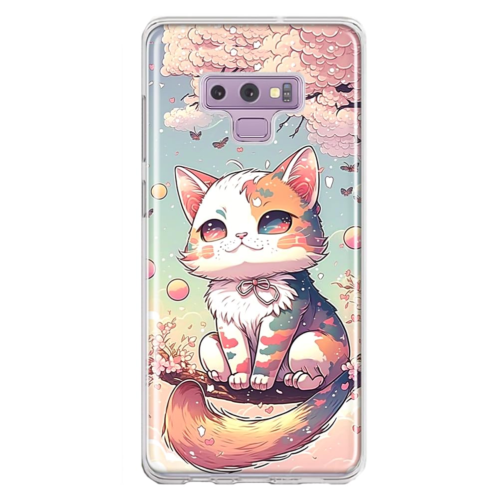 MUNDAZE - Case for Samsung Galaxy Note 9 Slim Hybrid Shockproof Hard Shell Soft TPU Heavy Duty Protective Phone Cover - Kawaii Manga Pink Cherry Blossom Cute Cat