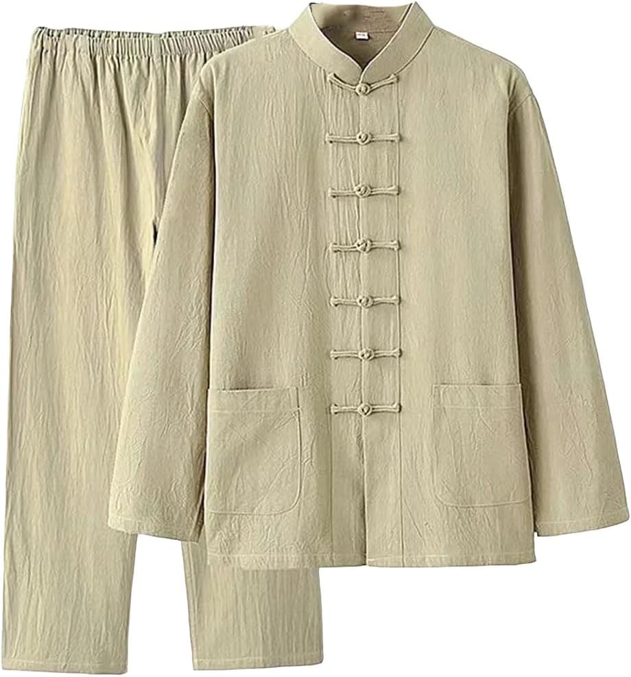 Men's Chinese Traditional Set Long Sleeve Buckle Shirt Top Elastic Waist Wide Leg Pants Fitness Jogging Sets