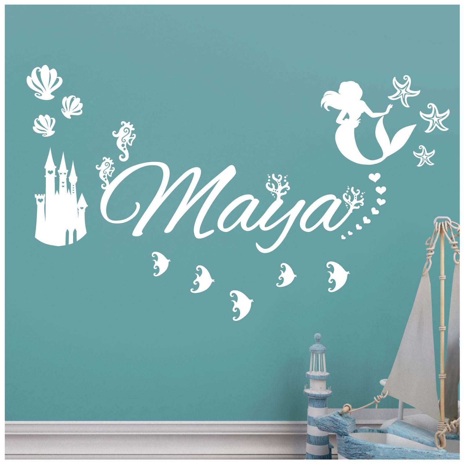 Personalised Name - Little Mermaid Inspired, Ocean, Castle, Starfish - Children's Bedroom Vinyl Wall Decal Sticker [Medium] [White]