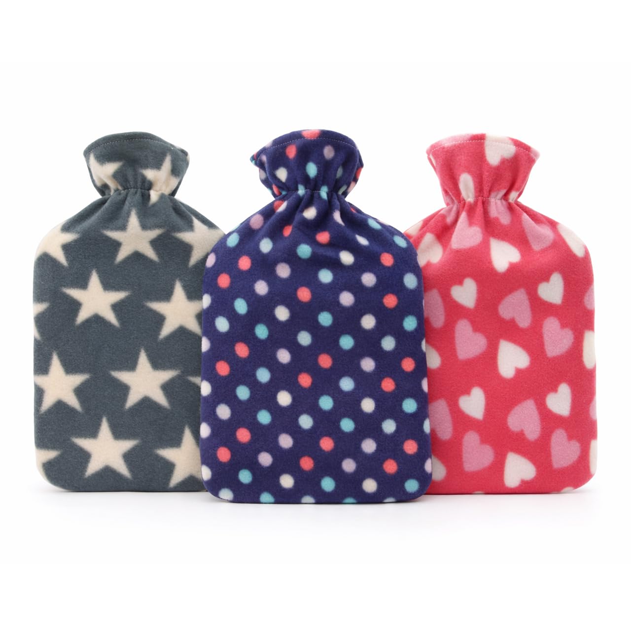 Cassandra Fleece Hot Water Bottle with Cover – Soft Plush Fabric, Heart, Star & Spot Designs, Natural Rubber Bottle Included (Designs May Vary)