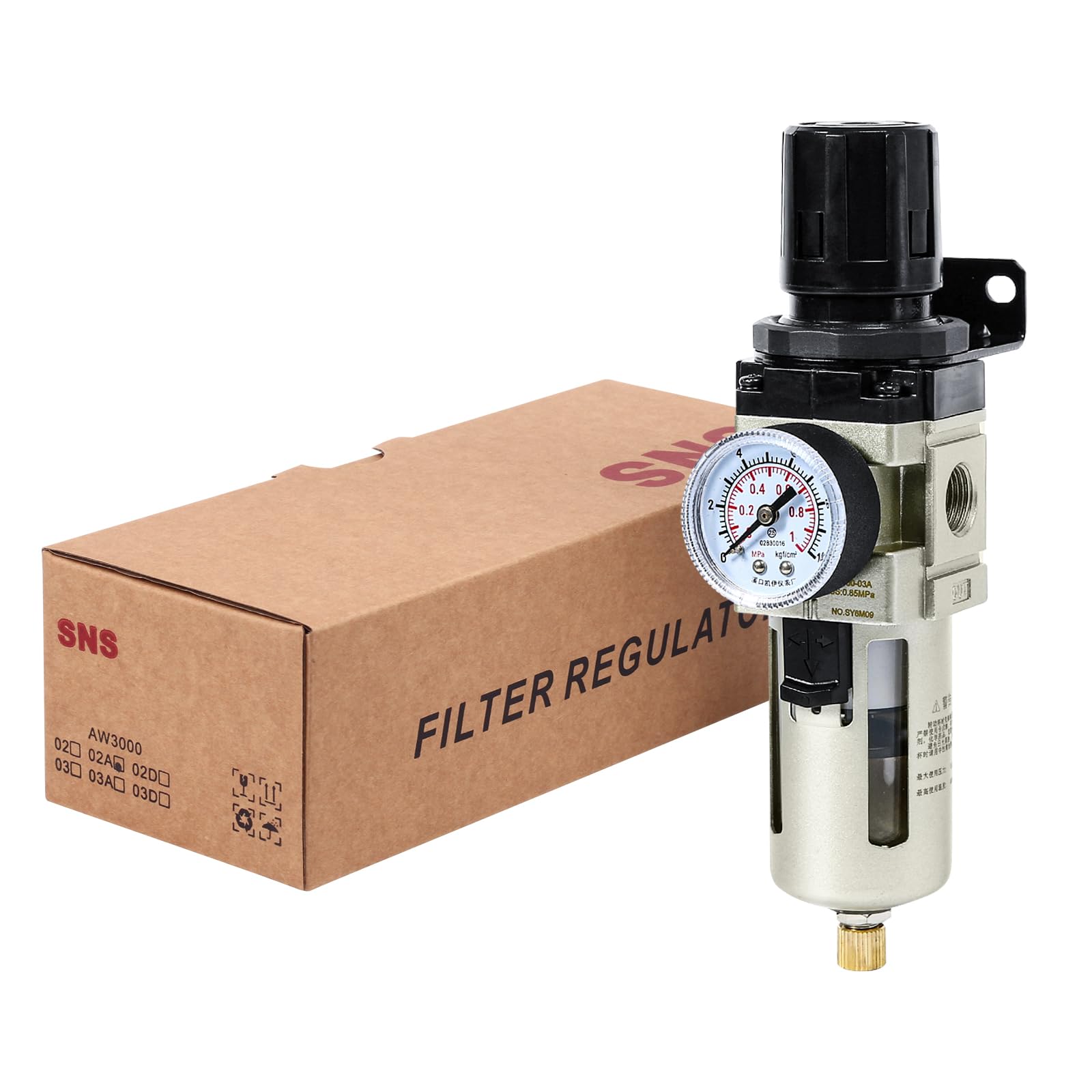 SNS Compressed Air Filter Regulator Piggyback Combo 3/8''NPT- Poly Bowl with Metal Guard, Semi-auto Drain, Bracket, Gauge AW3000-N03A — Amazon image 5