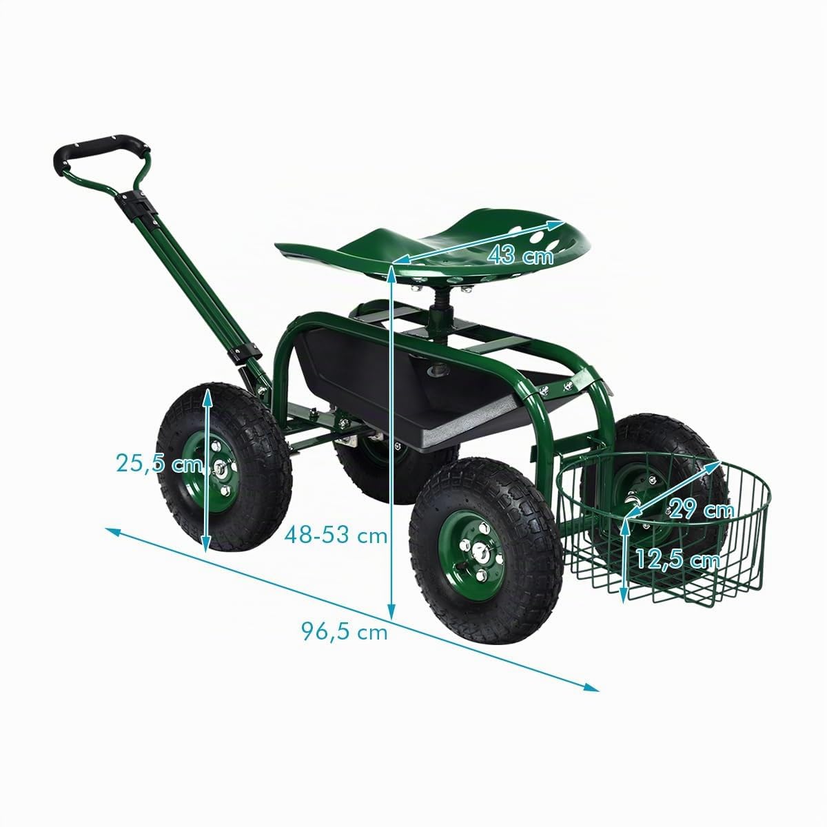 COSTWAY Rollsitz mit Rollen, Gartenwagen mit ausziehbarem Griff & Korb, höhenverstellbar | 360° drehbar | bis 150kg, fahrbarer Gartensitz, Gartenrollsitz für Gartenarbeit, Grün (96,5x48,5x45,5-54,5cm)