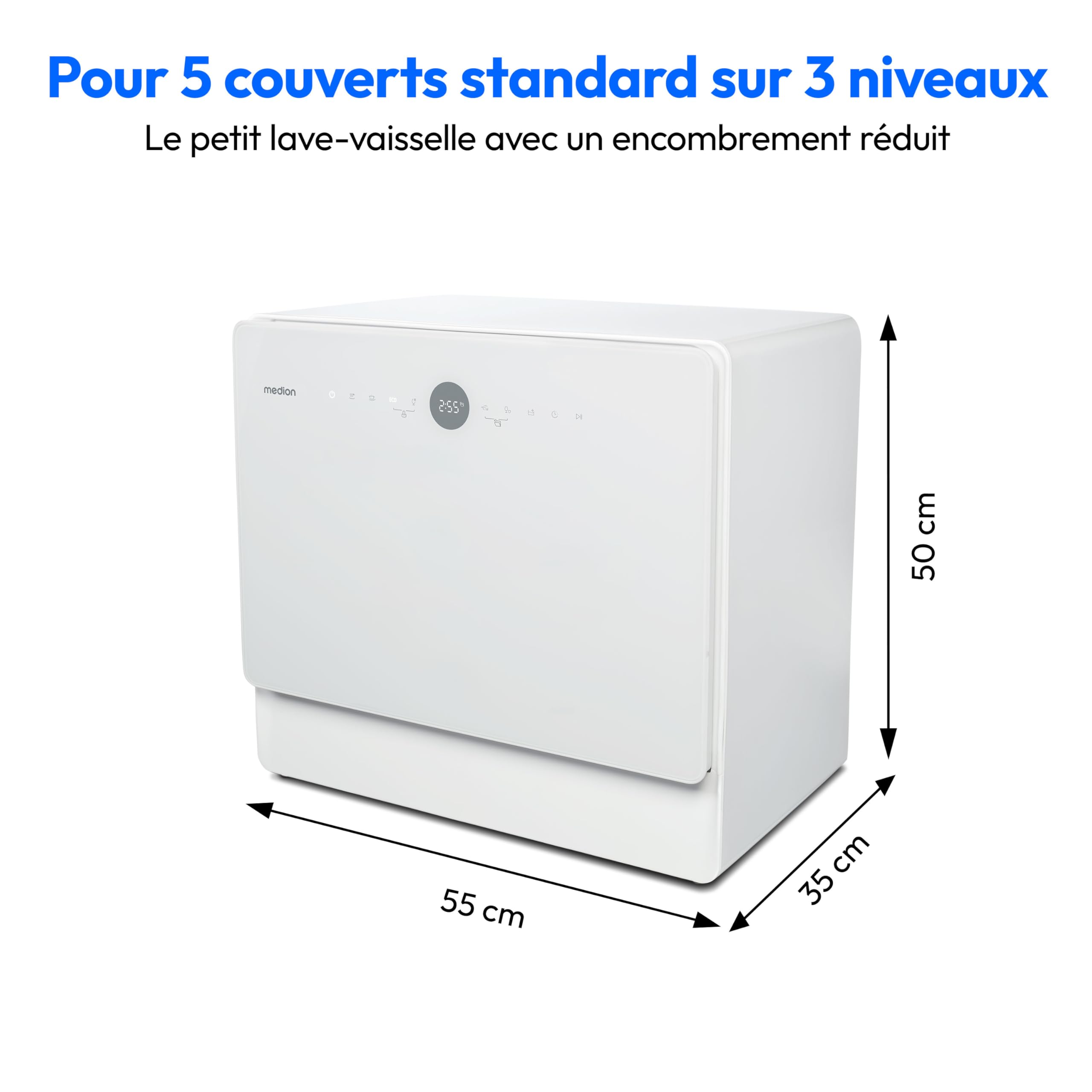 MEDION Mini lave-vaisselle DWT50 (lave-vaisselle de table, lave-vaisselle, 5 couverts, fonctionne avec/sans raccordement à l'eau, fonction seau, 35 cm de profondeur, 7 programmes de nettoyage, MD 3777
