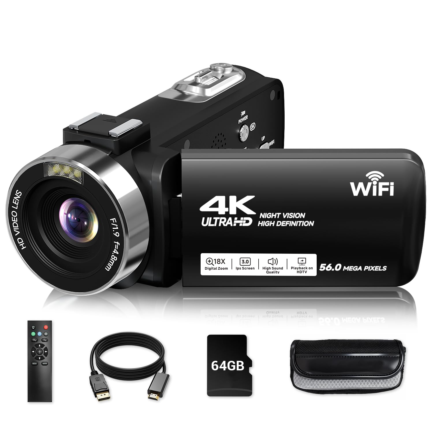 Videocamera, videocamera 4K da 56 MP, zoom 18x, rotazione a 270°, touchscreen con visione notturna a infrarossi, telecamera Wifi Vlogging per YouTube, scheda da 64 GB, anti-vibrazione, telecomando