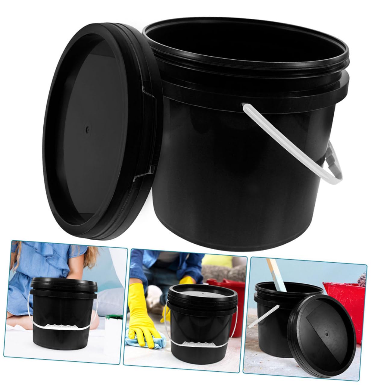 Operitacx Balde Cubo Negro con Tapa Cubo De Pintura Exterior Cuadro Color Cubos Industriales Pequeño Cubos De Pintura Negros con Tapas Largo Pintar El Plastico Black