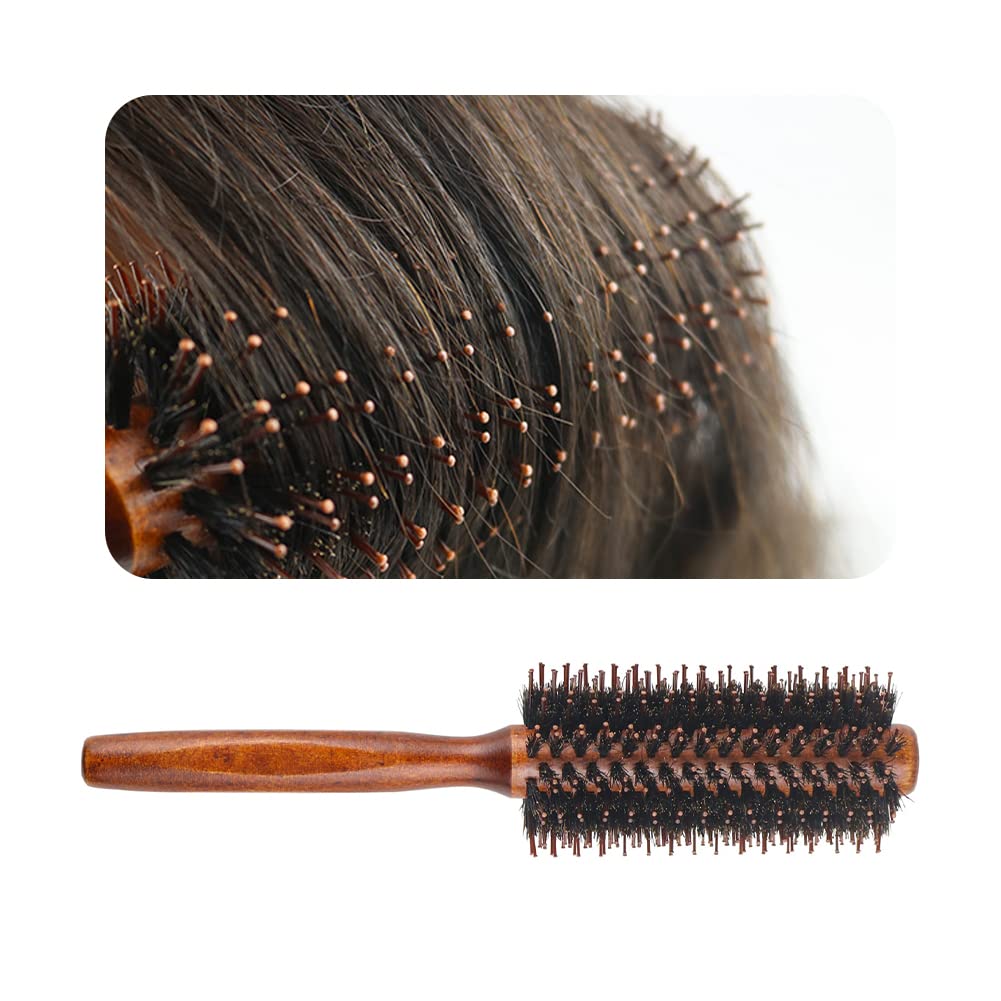 Cepillo redondo de cerdas de jabalí, cepillo de cerdas naturales con mango de madera, cepillo de peinado que evita enredos y antiestático para soplar, peinar, rizar, desenredar y alisar el cabello