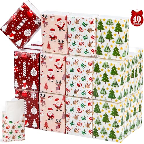 40 Pack Christmas Pocket Tissues 3 Ply Mini Travel Facial Tissues with 4 Festive Designs Merry Christmas Individual Tissues Packs for Holiday Party Favors Stocking Stuffers Xmas Gifts Bulk