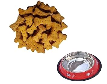 HANU Stainless Steel red Round Non tip Bowl Rubber Ring Pet Bowl & Puppy Biscuit 1 kg Dry Dog Food Chicken 020