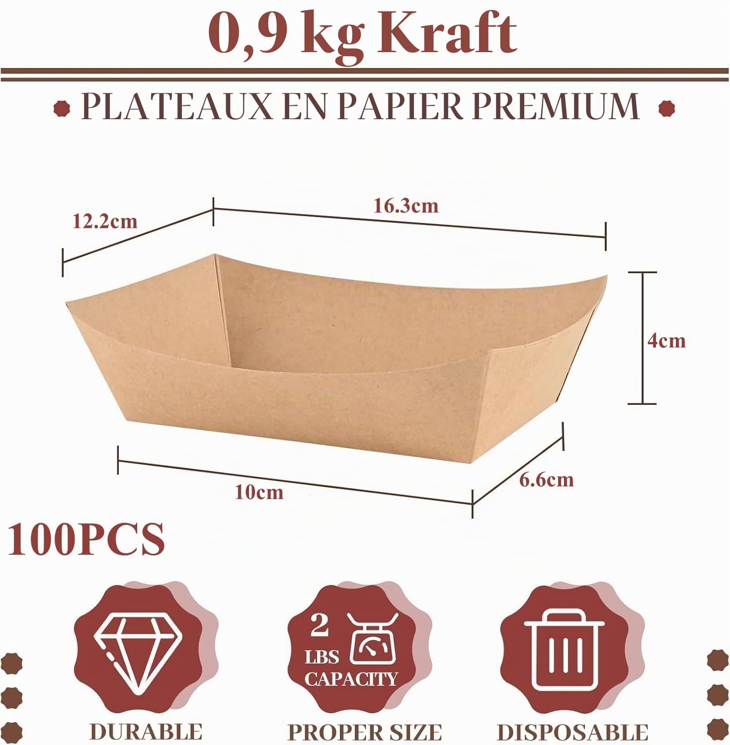LATERN 100 Pièces Plateaux en Papier Kraft, 16CM x 12CM Bateaux en Papier Très Résistants Boîte de Service Jetable pour Frites Nachos Snack Hot Dog Taco Popcorn Barbecue Pique-Nique Mariage Fêtey