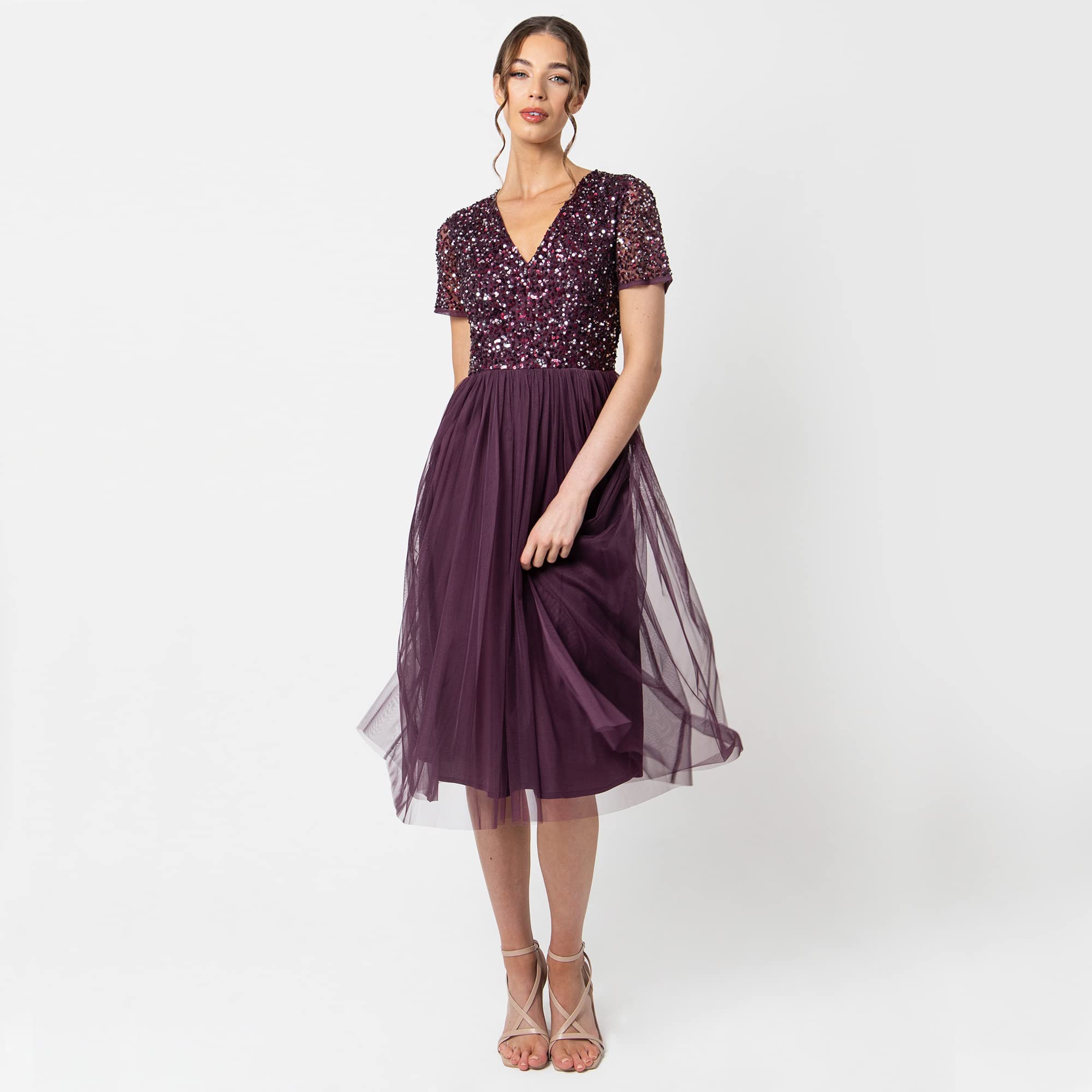 Damen Maya Deluxe V-neck Embellished Midi Dress Brautjungfernkleid – Bild 2