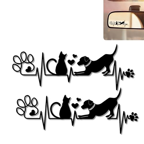 2Pack Dog and Cat Heartbeat Car Mirror Decal,Cute Rear View